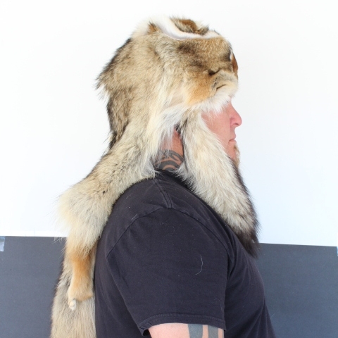 Coyote Mountain Man Fur Hat Face with 3 Tails